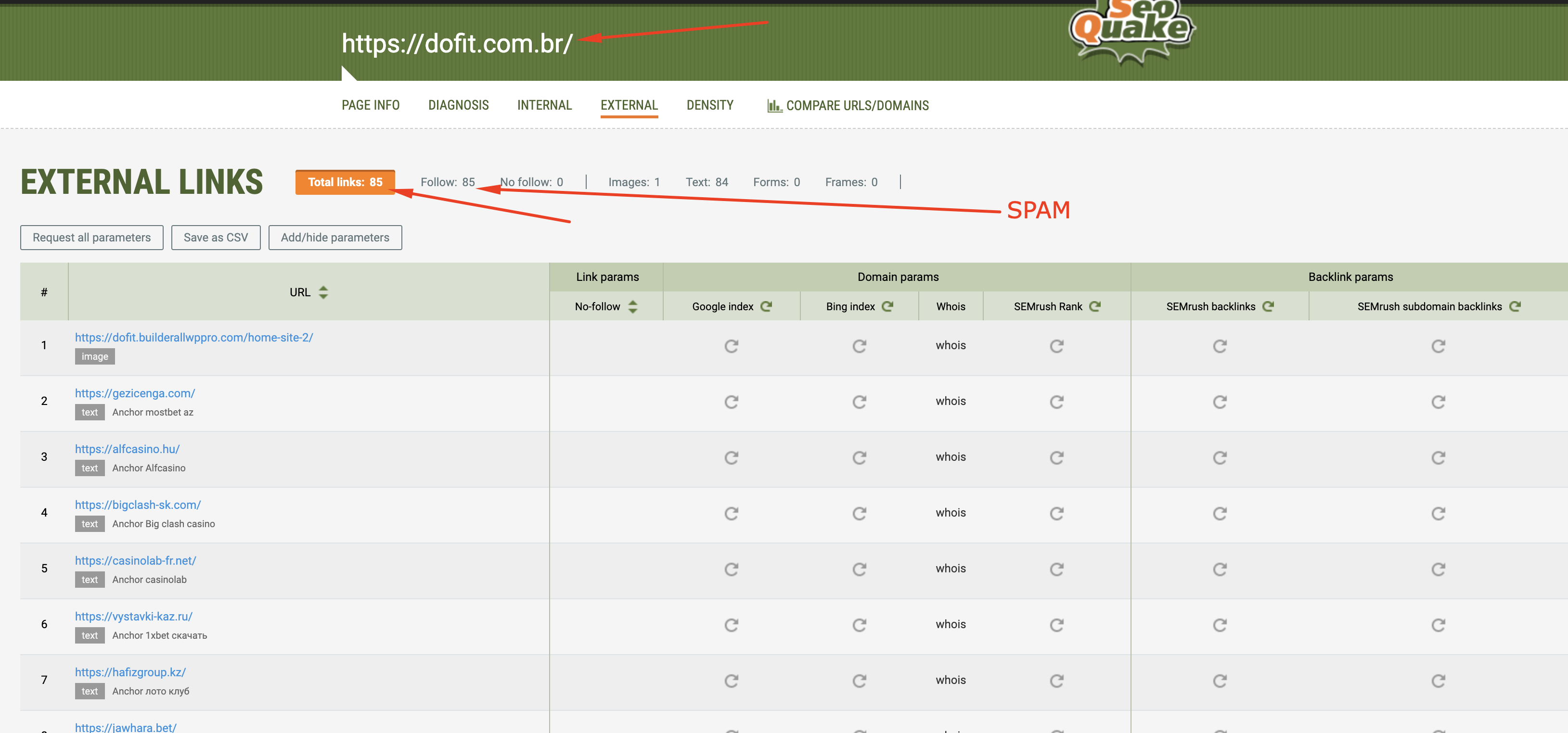 SEO Quake на морді донора — кількість External Links